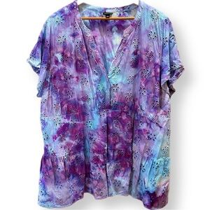 Tie dyed tunic blouse with embroidered eyelets blue purple galaxy plus 4X